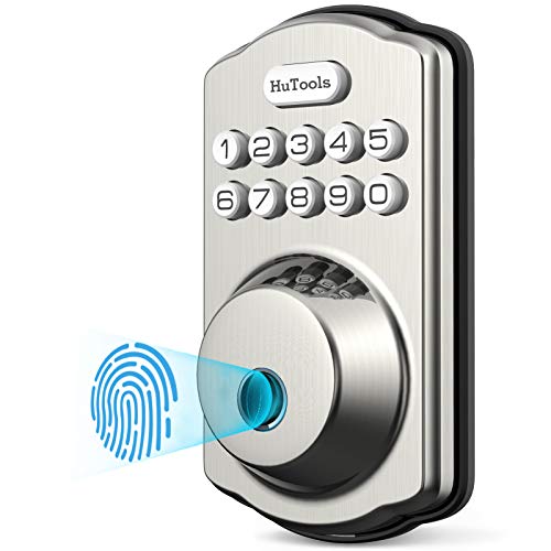 Keyless Entry Door Lock, Hutools Keypad Deadbolt Lock Fingerprint, Biometric Auto Lock, 20 User Codes, Emergency Charging Supply, Satin Nickel