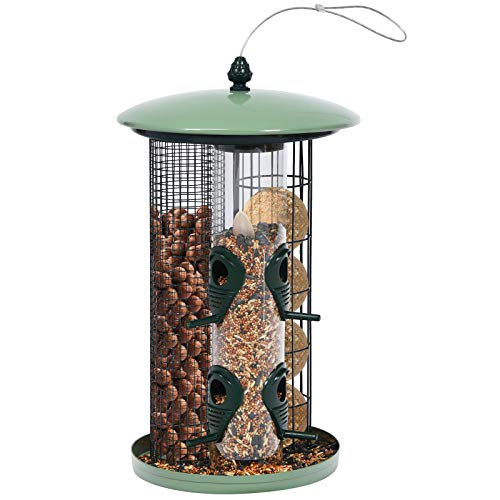 Wild Bird Feeder for Outside Squirrel Proof, 3-in-1 Bird Feeder Tube with 4 Feeding Ports and Detachable Tubes, Weatherproof with Roof, Attractive Bird Feeder for Garden Decoration