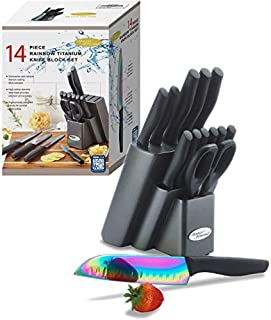 DISHWASHER SAFE KYA25 Rainbow Titanium Knife Block Set, Kitchen Knives Set with Block, Kitchen Scissor, Cutlery Block Knife Sets, Best Gift (14-Piece, Rainbow Titanium/Black)