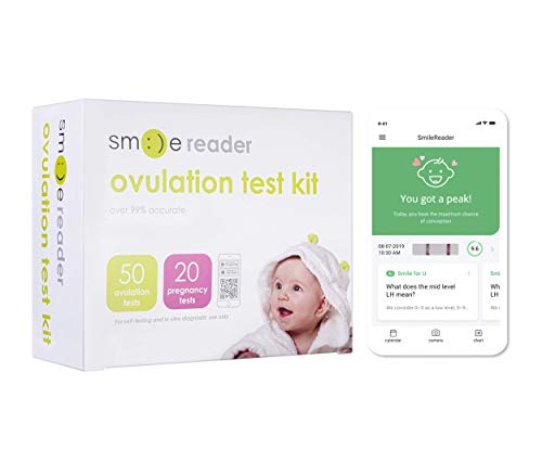 SmileReader Combo Kit of 50 Ovulation Tests and 20 Pregnancy Tests, Free Tracker app, OPKs, HPTs (50 LH + 20 HCG)