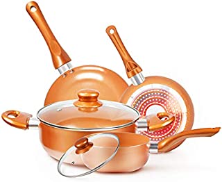 Cookware-Set Nonstick Pots and Pans-Set Copper Pan - KUTIME 6pcs Cookware Set Non-stick Frying Pan Ceramic Coating Stockpot, Cooking Pot, Copper Aluminum Pan with Lid, Gas Induction Compatible