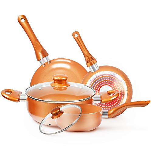 Cookware-Set Nonstick Pots and Pans-Set Copper Pan - KUTIME 6pcs Cookware Set Non-stick Frying Pan Ceramic Coating Stockpot, Cooking Pot, Copper Aluminum Pan with Lid, Gas Induction Compatible