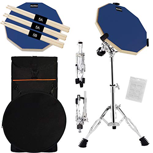 Silent Drum Practice Pad, 12 Inch Double Sided Drum Pad with Adjustable Snare Drum Stand and 3 Pairs of Drum Sticks for Drum Practice (Blue)