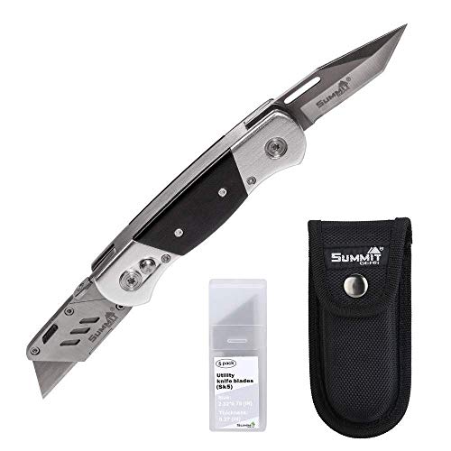 Summit Gear Heavy Duty Folding Utility Knife Dual Blades / Box Cutter / Pocket Knife with Nylon Pouch + 5 Blades (Professional Grade)