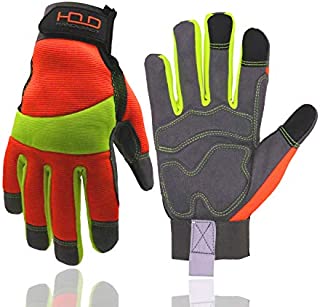 HANDLANDY Hi-vis Reflective Work Gloves, Anti Vibration Safety Gloves, Touch Screen, Orange Flexible Spandex Back Large