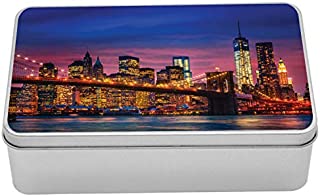 Ambesonne New York Metal Box, NYC That Never Sleeps Reflections on Manhattan East River City Image Photo Print, Multi-Purpose Rectangular Tin Box Container with Lid, 7.2