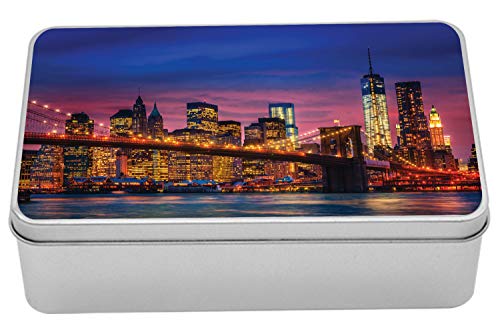 Ambesonne New York Metal Box, NYC That Never Sleeps Reflections on Manhattan East River City Image Photo Print, Multi-Purpose Rectangular Tin Box Container with Lid, 7.2