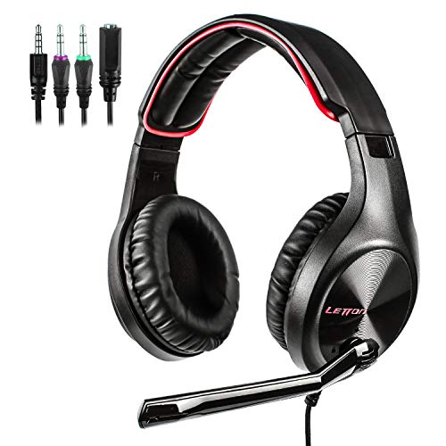 LETTON Stereo Gaming Headset for Xbox One, PS4, PC, Over Ear Headphones with Noise Cancelling Mic, Volume Controller, Bass Surround, Soft Memory Earmuffs for Computer Laptop Mac