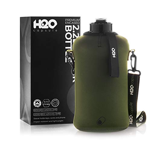 H2O Capsule 2.2L Half Gallon Water Bottle with Storage Sleeve  Tritan BPA Free Large Water Bottle/2.2 Liter (74 Ounce) Big Sports Bottle Jug with Handle (Green)