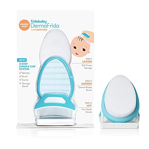 The 3-Step Cradle Cap System by Fridababy | DermaFrida The FlakeFixer | Sponge, Brush, Comb and Storage Stand for Babies with Cradle Cap