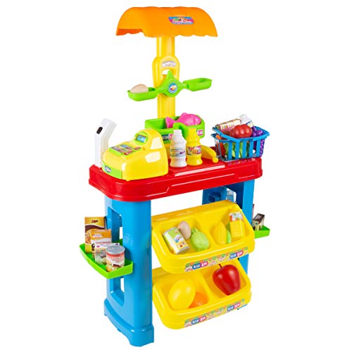 Hey! Play! Kids Grocery Store Selling Stand Supermarket Playset with Toy Cash Register, Scanner, Play Money, Shopping Basket & 28 Pieces of Food, Brown/a (80-TK090477)