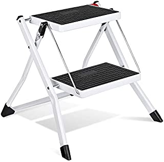 Delxo 2 Step Stool Stepladders Lightweight White Folding Step Ladder with Handgrip Anti-Slip Sturdy and Wide Pedal Steel Ladder Mini-Stool 250lbs 2-Feet