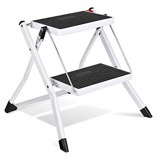 Delxo 2 Step Stool Stepladders Lightweight White Folding Step Ladder with Handgrip Anti-Slip Sturdy and Wide Pedal Steel Ladder Mini-Stool 250lbs 2-Feet