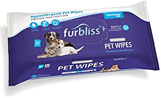 Furbliss Hygienic Pet Wipes for Dogs & Cats, Cleansing Grooming & Deodorizing Hypoallergenic Thick Wipes with All Natural Deoplex Deodorizer by Vetnique Labs (Unscented, 100ct Pouch)