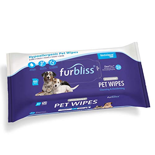 Furbliss Hygienic Pet Wipes for Dogs & Cats, Cleansing Grooming & Deodorizing Hypoallergenic Thick Wipes with All Natural Deoplex Deodorizer by Vetnique Labs (Unscented, 100ct Pouch)