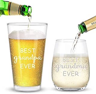 Best Grandpa Grandma Ever Beer and Wine Glass Gift Set 15Oz - Funny Grandparents Gift for Grandparents New Grandparents Pregnancy Announcement - Great for Fathers Day Mothers Day Valentine's Day