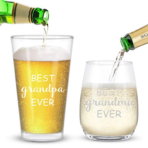 Best Grandpa Grandma Ever Beer and Wine Glass Gift Set 15Oz - Funny Grandparents Gift for Grandparents New Grandparents Pregnancy Announcement - Great for Fathers Day Mothers Day Valentine's Day