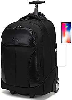 Rolling Backpack for Women Men, Carry On Wheeled Laptop Bag Luggage Suitcase with USB Charging Port for College Student/Travel/Business Work (Black)