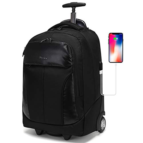 Rolling Backpack for Women Men, Carry On Wheeled Laptop Bag Luggage Suitcase with USB Charging Port for College Student/Travel/Business Work (Black)