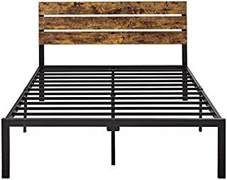 YAHEETECH Rustic Style Queen Size Platform Metal Bed Frame with Wooden Headboard and Footboard/Mattress Foundation/No Box Spring Needed/Under Bed Storage/Strong Slat Support