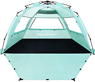 WhiteFang Deluxe XL Pop Up Beach Tent Sun Shade Shelter for 3-4 Person, UV Protection, Extendable Floor with 3 Ventilating Windows Plus Carrying Bag, Stakes, and Guy Lines