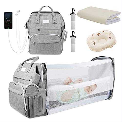 Diaper Bag Backpack, Foldable Baby Sleeping Bed with Changing Station of Boys Girls, Baby Diaper Bag with USB Charging Port, Multipurpose Waterproof Portable Travel Back Pack for Moms Dads (Grey)