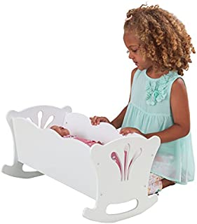 KidKraft KidKraft Wooden White Lil' Doll Rocking Cradle with Pink Butterfly Pad, Blanket and Pillow for 18-Inch Baby Dolls ,Gift for Ages 3+