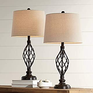 Annie Traditional Rustic Farmhouse Table Lamps Set of 2 Bronze Iron Scroll Tapered Cream Drum Shade for Living Room Bedroom House Bedside Nightstand Home Office Entryway Family - Franklin Iron Works