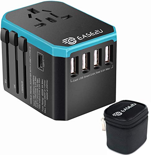 International Adapter for Travel, Dual Voltage Hair Dryer, Straightener, Curling Iron Travel Adapter with 5 Fast USB Charger,Type-C,8A Worldwide AC Outlet Max 2000W UK US AU Asia 200+ (Blue)