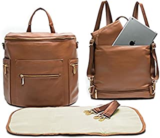 Leather Diaper Bag Backpack by Miss Fong, Baby Bag,Backpack Diaper Bag with Changing Pad,Wipes Pouch,Diaper Bag Organizer,Stroller Straps and Insulated Pockets (Brown Convertible)