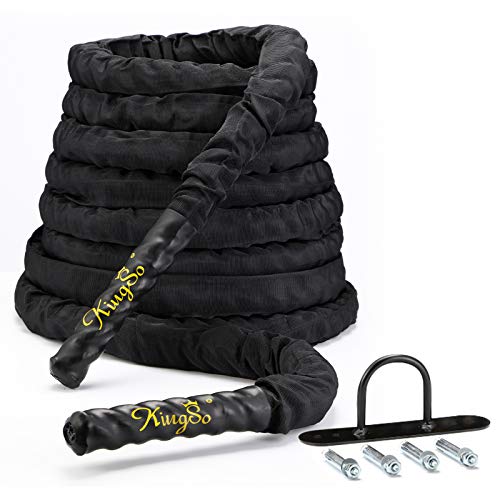 KINGSO Battle Ropes with Protective Cover 1.5 Inch Heavy Exercise Training Rope 30ft Length for Home Gym Strength Training Equipment, Anchor Included