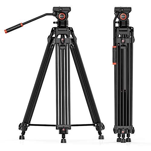 Video Tripod System, Geekoto 72 inches Heavy Duty Tripod, Professional Aluminum Twin Tube Tripod, K3 Fluid Head, Mid-Level Spreader, Max Loading 33 LB, 360 Degree Fluid Head for DSLR Camcorder Camera