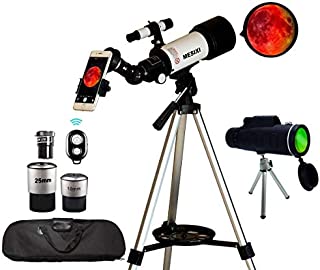 Astronomical Telescopes + Travel Monocular Telescope Scope 70mm Aperture 400mm AZ Mount Astronomical Refractor Telescopes for Kids Adults Beginners - Portable Bag, Smartphone Adapter, Camera Remote