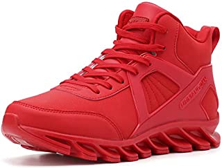 BRONAX High Top Shoes for Men Classic Leather Waterproof Lace Up Non Slip Hightop Workout Walking Boxing Lifting Wrestling Training Work Shoes for Men All Red Size 8