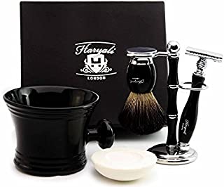 Pure Badger Hair Shaving Set in Black.The Set Contains Shaving Brush,4 Different Type of Razor to Choose, Shaving Brush & Razor Holder,Shaving Mug with soap.Perfect for HIM (De Safety Razor)