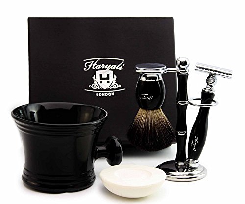 Pure Badger Hair Shaving Set in Black.The Set Contains Shaving Brush,4 Different Type of Razor to Choose, Shaving Brush & Razor Holder,Shaving Mug with soap.Perfect for HIM (De Safety Razor)