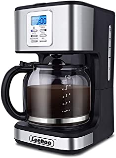 LEEHOO Drip Coffee Maker 2-12 Cup, Programmable Coffee Machine with Glass Carafe&Auto Shut-off&Brew Strength Control for Home and Office,Black and Stainless Steel Finish