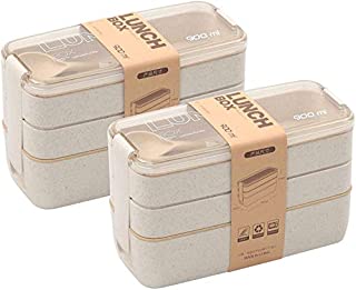 Bento Box Japanese Lunch Box 2 Pack, 3-In-1 Compartment,Leak-proof Eco-Friendly Bento Lunch Box Meal Prep Containers for Kids and Adults (Beige)