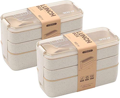 Bento Box Japanese Lunch Box 2 Pack, 3-In-1 Compartment,Leak-proof Eco-Friendly Bento Lunch Box Meal Prep Containers for Kids and Adults (Beige)