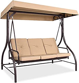 Best Choice Products 3-Seat Outdoor Large Converting Canopy Swing Glider, Patio Hammock Lounge Chair for Porch, Backyard w/Flatbed, Adjustable Shade, Removable Cushions - Tan