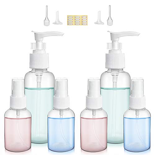 DALV 6pcs Travel Bottle Plastic Squeezable Containers Leakproof Refillable Containers Travel Tube Sets Cosmetic Toiletry Sprayer 1.7oz Fine Mist Sprayer 3.4oz Pump Dispenser with Labels Funnels Dropper