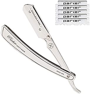 Parker SRX Heavy Duty Professional 100% Stainless Steel Straight Edge Barber Razor for Men and 5 Parker Premium Straight Edge Blades - Designed for Barbershops and Shave Parlors