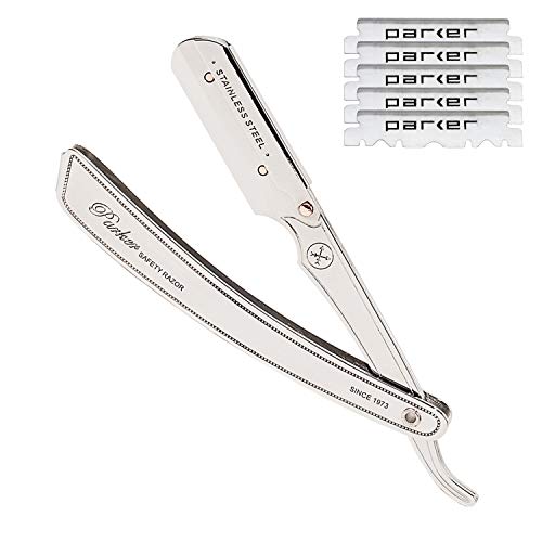 Parker SRX Heavy Duty Professional 100% Stainless Steel Straight Edge Barber Razor for Men and 5 Parker Premium Straight Edge Blades - Designed for Barbershops and Shave Parlors