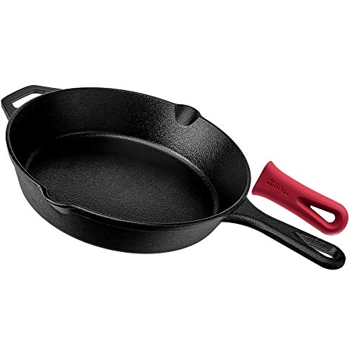 Pre-Seasoned Cast Iron Skillet (10-Inch) with Handle Cover Oven Safe Cookware - Heat-Resistant Holder - Indoor and Outdoor Use - Grill, Stovetop, Induction Safe