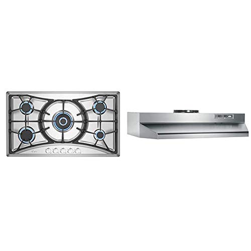 Empava 36 in. Gas Stove Cooktop with 5 Italy Sabaf Sealed Burners NG/LPG Convertible in Stainless Steel, 36 Inch & Broan-NuTone 424204 ADA Capable Under-Cabinet Range Hood, 42-Inch, Stainless Steel