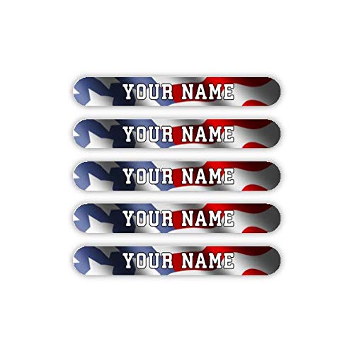 100 Mini Personalized Waterproof Custom Name Tag Labels (USA Flag Theme) - Multipurpose Marking for All Ages - Camping Gear, Luggage, Kindergarten