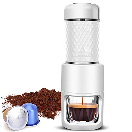 STARESSO Portable Espresso Machine - Manual Espresso with Rich & Thick Crema, Mini Coffee Maker Using Ground Coffee & Espresso Pods, Handy Espresso Maker for Travel Camping Office Home Use (White)