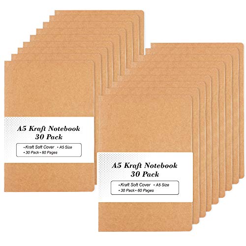 30 Pack Kraft Notebooks, A5 Feela 60 Lined Pages Notebooks and Journals for Women Girls Students Making Plans Writing Memos Office School Supplies, 8.3 X 5.5 in