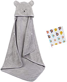 Hooded Baby Towels and Washcloths,Baby Bath Towels with Button,Ultra Soft Coral Fleece Baby Hooded Blanket,Cute Cartoon Animal Baby Towels for Newborn Boys and Girls 35.4x35.4 inch Gray