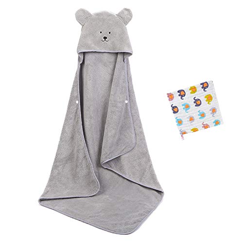 Hooded Baby Towels and Washcloths,Baby Bath Towels with Button,Ultra Soft Coral Fleece Baby Hooded Blanket,Cute Cartoon Animal Baby Towels for Newborn Boys and Girls 35.4x35.4 inch Gray
